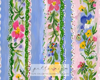 Wzór w paski z motywem kwiatowym do pobrania w wersji cyfrowej – niebiesko-różowy wzór obramowania z motywem botanicznym, do druku Cottagecore, fantazyjny materiał dla dzieci i rękodzieło