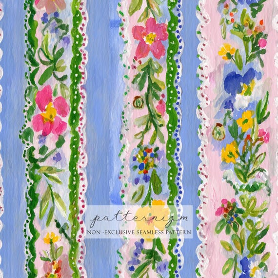 Seamless Floral Stripe Pattern Digital Download – Blue Pink Botanical Border Design, Cottagecore Printable, Whimsical Fabric Kids & Crafts