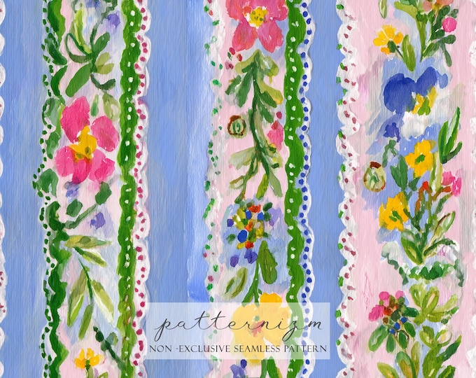 Seamless Floral Stripe Pattern Digital Download – Blue Pink Botanical Border Design, Cottagecore Printable, Whimsical Fabric Kids & Crafts