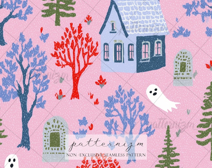 Halloween Ghost Pattern, Cute Spooky House Seamless Design, Pink Halloween Fabric, Whimsical Fall Pattern