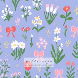 May include: A seamless pattern with a light purple backdrop, adorned with an array of flowers and pink bows. The design incorporates daisies, tulips, and other floral elements. The text "patternizm NON-EXCLUSIVE SEAMLESS PATTERN" is visible.
