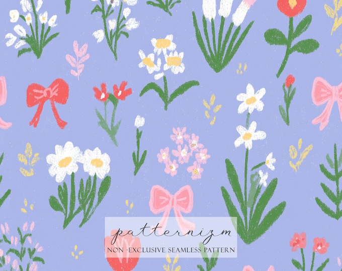 Cute Meadow Bow Seamless Pattern – Pastel Flowers with Ribbons, Girly Cottagecore Digital Paper for Crafts & Fabric