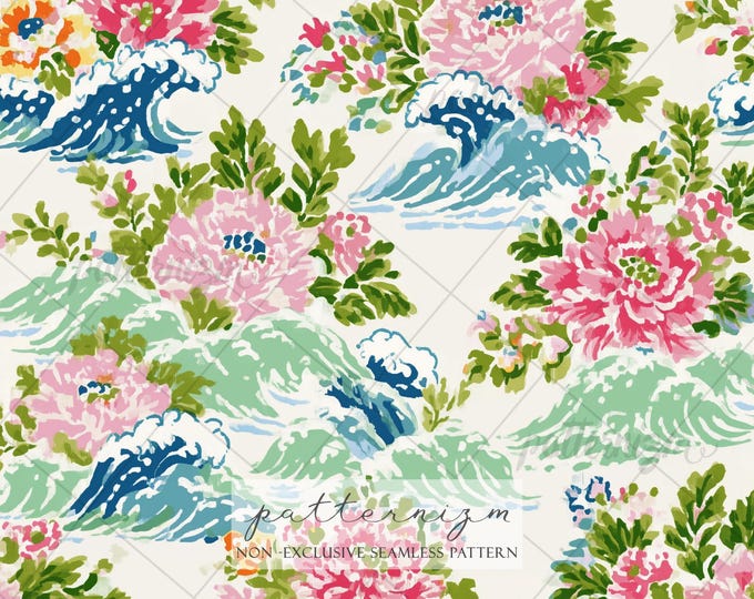 Wave Floral Seamless Pattern, Chinoiserie Ocean Design, Vintage Japanese Wave Flowers, Coastal Fabric Print, Elegant Botanical Repeat