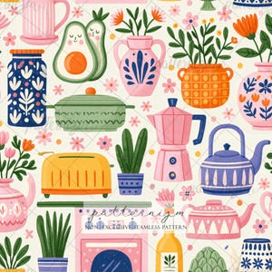 May include: A seamless pattern featuring colorful kitchenware and plants on a cream background. Items include a blue jar, green pot, yellow toaster, pink moka pot, blue kettle, pink teapot, and various potted plants, with the text patternizm.