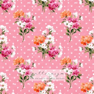 May include: A repeating pattern of watercolour floral bouquets in white, pink, and orange, set against a pink backdrop with white polka dots. The text "patternizm" and "NON - EXCLUSIVE SEAMLESS PATTERN" are visible.