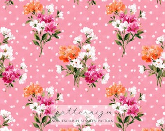 Pink Floral Seamless Pattern, Watercolor Flower with Polka Dots, Spring Botanical, Scrapbooking, Junk Journal, Digital Ephemera Paper