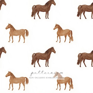 Könnte beinhalten: Nahtloses Muster mit braunen Pferden auf weißem Hintergrund. Die Pferde sind in verschiedenen Posen dargestellt, mit detaillierten Mähnen und Schweifen. Der Text "patternizm NON - EXCLUSIVE SEAMLESS PATTERN" ist unten.
