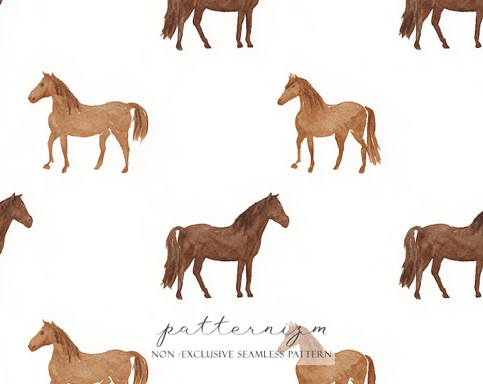 Watercolor Horse Pattern Digital Paper – Neutral Brown Horses, Western Farm Seamless Animal Design