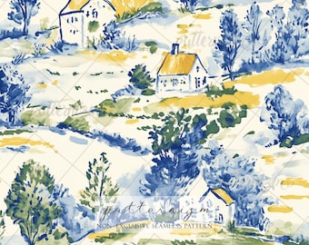 Seamless Countryside Village Pattern Digital Download – Blue Cottage Landscape Toile, Vintage Storybook Fabric Design