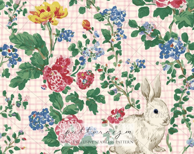 Seamless Easter Bunny Floral Gingham Pattern Digital Download – Cute Rabbit Illustration, Spring Fabric Design