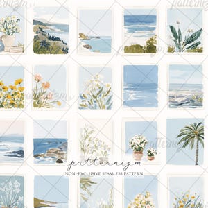 Könnte beinhalten: Ein nahtloses Muster mit Aquarellillustrationen von Küstenszenen und Blumenarrangements in rechteckigen Rahmen. Die Farbpalette umfasst Blau-, Grün- und Gelbtöne. Der Text "patternizm" und "NON - EXCLUSIVE SEAMLESS PATTERN" sind sichtbar.