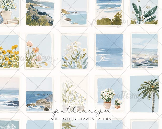 Seamless Coastal Polaroid Pattern Digital Download – Aesthetic Summer Beach & Floral Gallery Design, Whimsical Art Fabric Print