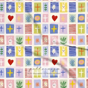 Seamless Easter Patchwork Pattern Digital Download – Whimsical Bunny & Cross Grid Design, Colorful Holiday Fabric for Kids Nursery image 2