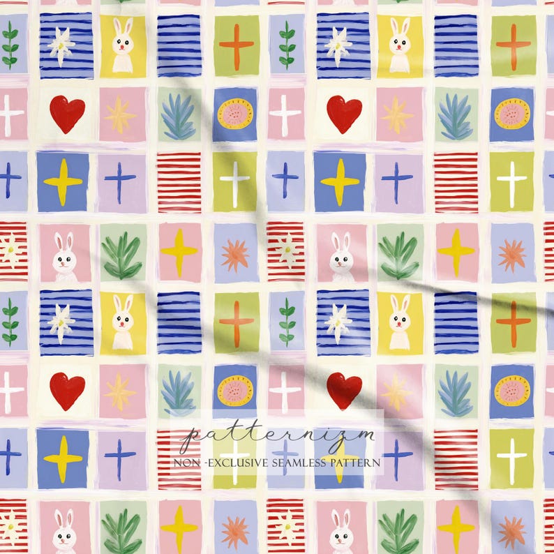 Seamless Easter Patchwork Pattern Digital Download – Whimsical Bunny & Cross Grid Design, Colorful Holiday Fabric for Kids Nursery image 2