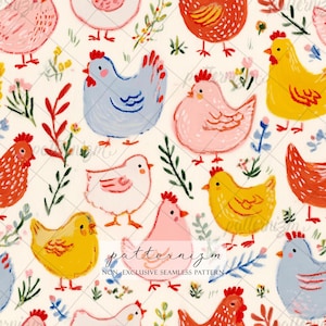 Cute Chickens Seamless Pattern – Colorful Farm Hens & Flowers, Sweet Easter Spring Design for Kids, Fabric, Crafts