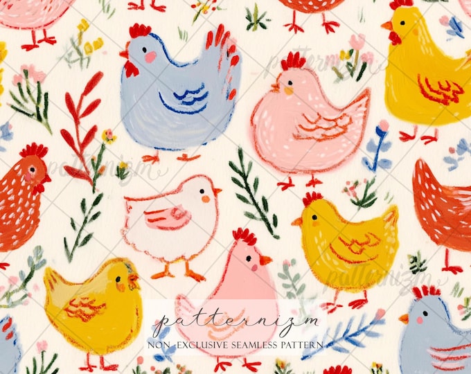 Cute Chickens Seamless Pattern – Colorful Farm Hens & Flowers, Sweet Easter Spring Design for Kids, Fabric, Crafts