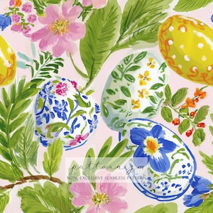 Puede incluir: Patrón de Pascua en acuarela con huevos decorados, flores rosas, hojas verdes y ramitas de bayas naranjas sobre un fondo rosa claro. El diseño incluye el texto "patternizm" y "NON-EXCLUSIVE SEAMLESS PATTERN".