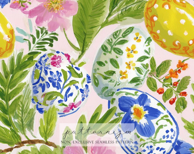 Watercolor Easter Floral Seamless Pattern – Painted Eggs, Pink Blossoms and Greenery on Pastel Background for Spring Decor