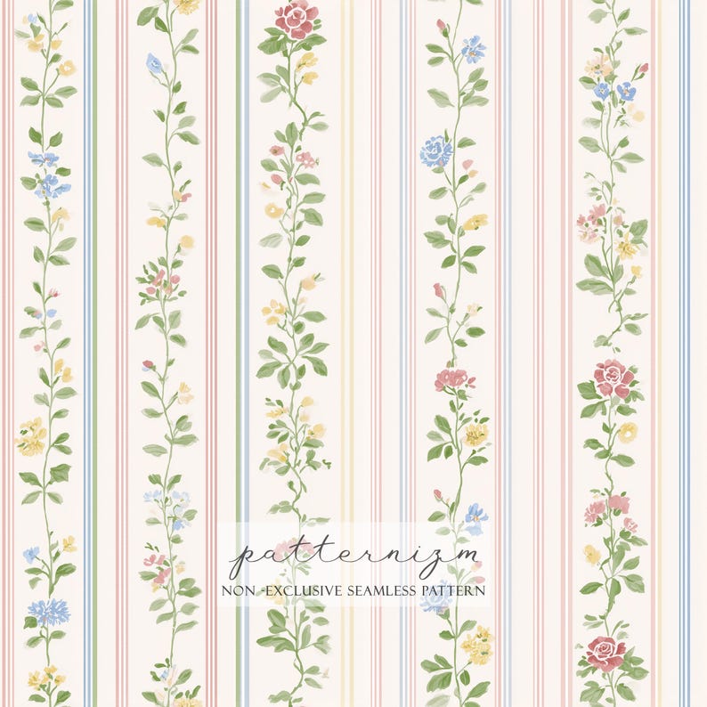 May include: A seamless pattern featuring vertical stripes in pastel colors of pink, blue, and yellow. Delicate floral vines with pink, yellow, and blue flowers are interspersed between the stripes. The text "patternizm" and "NON-EXCLUSIVE SEAMLESS PATTERN" are at the bottom.
