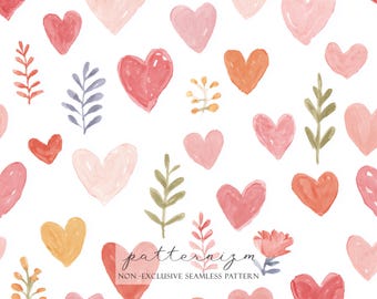 Valentine Scrapbook Seamless Pattern Digital Paper – Soft Watercolor Hearts and Florals for Crafts