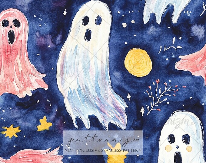 Seamless Cute Ghost Pattern Digital Download – Whimsical Halloween Design, Watercolor Spooky Night Print