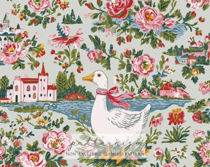 Romantic Goose Toile Seamless Pattern Digital Paper – Vintage Floral Scene Repeat Design