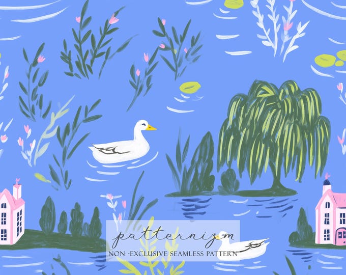 Whimsical Duck Pond Seamless Pattern – Cottage Lake Scene with Ducks and Flowers, Digital Paper