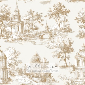 Può includere: Motivo senza cuciture in tonalità seppia raffigurante un paesaggio classico con edifici, ponti e alberi. Il design include il testo "patternizm" e "NON-EXCLUSIVE SEAMLESS PATTERN". Il tema generale è vintage e architettonico.