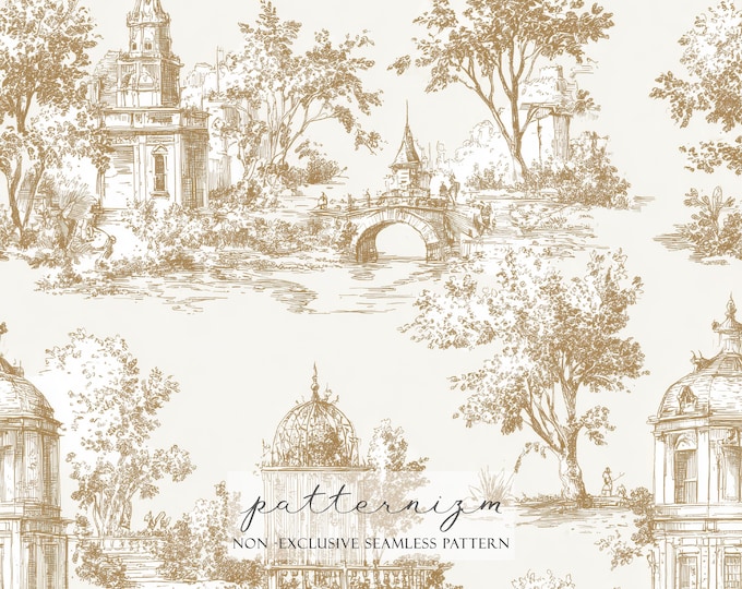Vintage Toile Scenic Seamless Pattern – Brown Architectural Landscape Repeat Design for Wallpaper, Fabric, Cottagecore Decor & Crafts