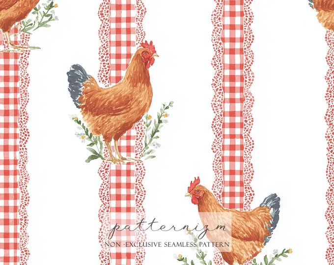 Chicken Stripe Seamless Pattern Digital Paper – Watercolor Hens with Red Gingham for Farmhouse Fabric