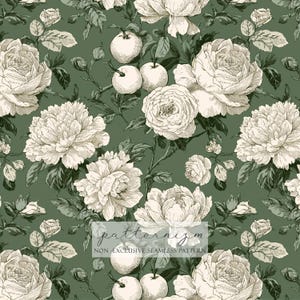 May include: A seamless pattern with detailed illustrations of white peonies and apples on a dark green backdrop. The design incorporates intricate floral and fruit elements, with the text "patternizm" and "NON EXCLUSIVE SEAMLESS PATTERN".