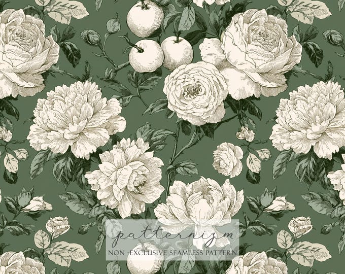 Vintage Toile Floral Seamless Pattern, Green & Cream Peony Rose Print, Classic Botanical, Scrapbooking, Junk Journal, Digital Ephemera Paper