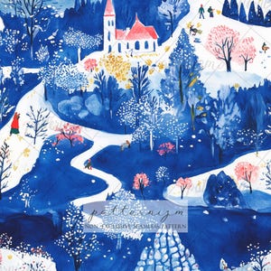 May include: A watercolor illustration featuring a snowy landscape with deep blue trees, winding white paths, and a white church with a red roof. Small figures in red and green coats walk along the paths, surrounded by pink and yellow foliage.