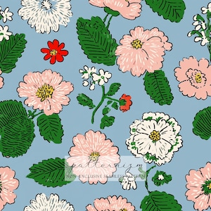 May include: A seamless floral pattern with pink, white, and red flowers and green leaves on a light blue backdrop. The design includes the text "patternizm" and "NON-EXCLUSIVE SEAMLESS PATTERN". Ideal for fabric or wallpaper, this pattern has a vintage feel.