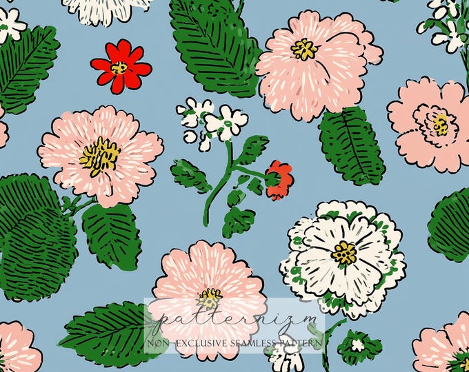 Retro Floral Seamless Pattern Digital Paper – Vintage Blue Garden Flowers, Bold Cottage Repeat Design