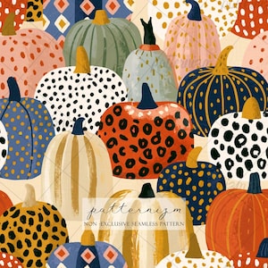 May include: A seamless pattern featuring various pumpkins in diverse colors and textures, including leopard print, polka dots, and stripes. The design includes a central watermark with the text patternizm NON-EXCLUSIVE SEAMLESS PATTERN.