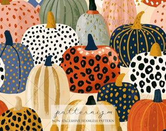 Colorful Pumpkin Seamless Pattern Digital Download – Modern Halloween Gourds Print, Fall Harvest Fabric Design