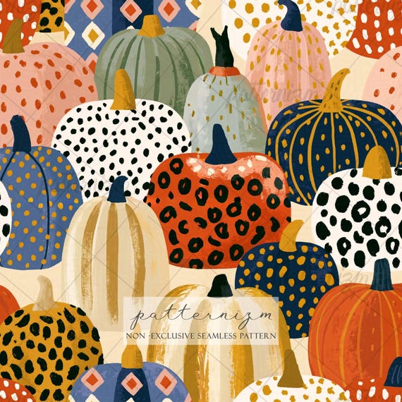 Colorful Pumpkin Seamless Pattern Digital Download – Modern Halloween Gourds Print, Fall Harvest Fabric Design