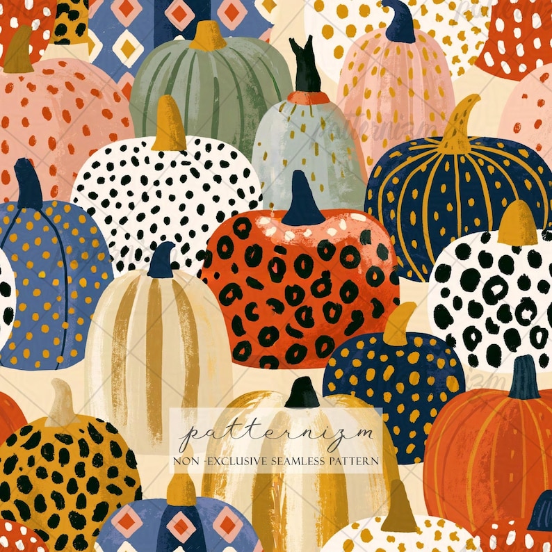 Puede incluir: Un patr&oacute;n sin costuras que presenta varias calabazas de diversos colores y texturas, incluyendo estampado de leopardo, lunares y rayas. El dise&ntilde;o incluye una marca de agua central con el texto patternizm NON-EXCLUSIVE SEAMLESS PATTERN.