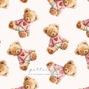 May include: Seamless pattern featuring watercolor teddy bears. Each bear is light brown with a pink sweater and a red heart. The bears are wearing white pants. The background is a light beige color.