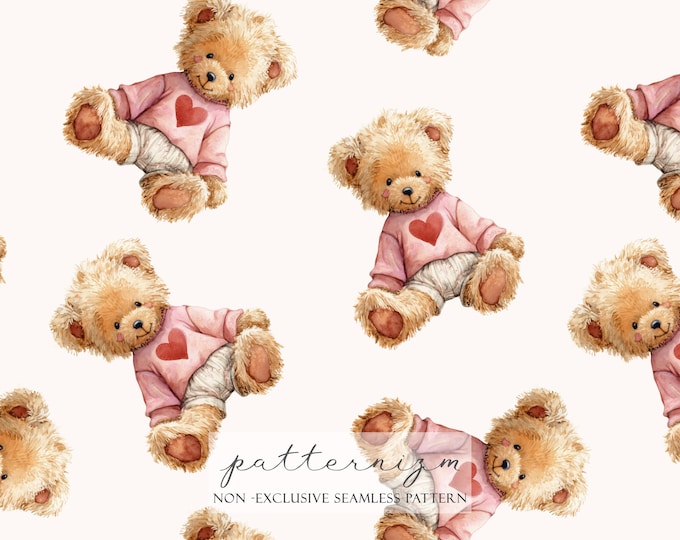 Fluffy Teddy Bear Seamless Pattern – Cute Pink Heart Sweater Bear Repeat Design for Valentine's Day, Baby Shower Decor and Kids Crafts