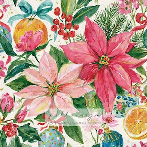 Peut inclure: Un motif répétitif composé d'illustrations à l'aquarelle de poinsettias roses et rouges, d'aiguilles de pin vertes, de baies de houx rouges, de tranches d'orange et de boules de Noël bleues à motifs avec des rubans bleu sarcelle sur fond crème.