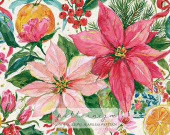 Seamless Christmas Floral Pattern Digital Download – Pink Poinsettia Holly Design, Holiday Botanical Print, Whimsical Fabric for Kids Crafts