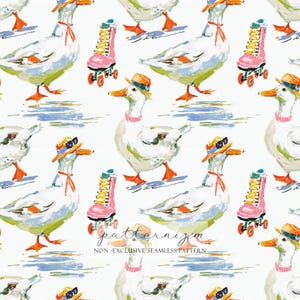 May include: Seamless pattern featuring white ducks wearing hats and roller skates. The ducks have orange beaks and feet, and some wear pink neckbands. The background has blue and white brushstrokes, with the text "patternizm" and "NON-EXCLUSIVE SEAMLESS PATTERN".
