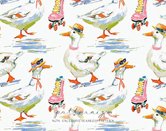 Silly Goose Seamless Pattern Paper, Roller Skating Duck Repeating Background, Spring, Wallpaper, Cottagecore, Trendy, Trending Now