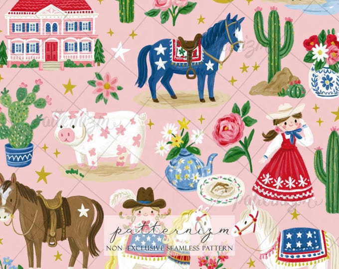 Seamless Coquette 4th of July Pattern Digital Download – Patriotic Cowgirl Horse Print, Western Americana Fabric & Pink USA Decor