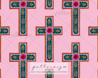 Floral Cross Seamless Pattern Digital Download – Christian Easter Faith Print, Pink Religious Fabric Design