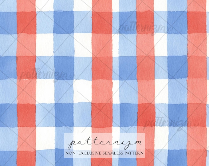 Seamless Patriotic Gingham Pattern Digital Download – 4th of July Americana Red Blue Plaid Design, Watercolor Cottagecore Fabric