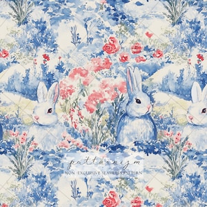Puede incluir: Patrón de acuarela sin costuras con conejos blancos entre follaje azul y flores rosas. El diseño incluye el texto "patternizm" y "NON-EXCLUSIVE SEAMLESS PATTERN". El tema general es un jardín primaveral caprichoso.