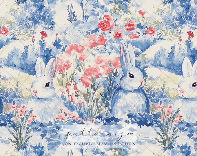 Seamless Easter Bunny Pattern Digital Download – Blue Rabbit in Snowy Spring Garden, Whimsical Holiday Fabric for Kids & Nursery